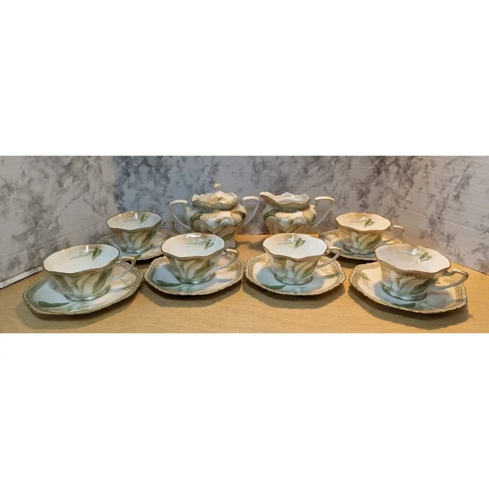Antique RS Germany/Prussia Sugar Bowl Creamer 6 cups & 6‎ saucers Calla Lily